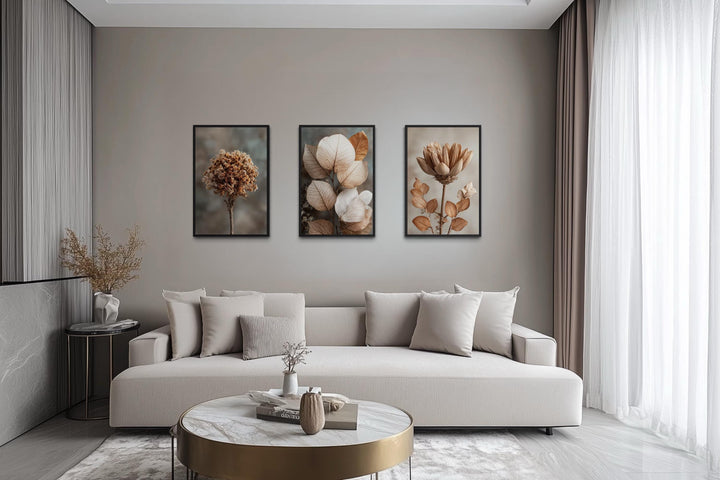 Botanical Wall Art Set of 3 – Neutral Beige and Brown Dried Flower and Plant Prints