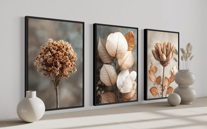 Botanical Wall Art Set of 3 – Neutral Beige and Brown Dried Flower and Plant Prints