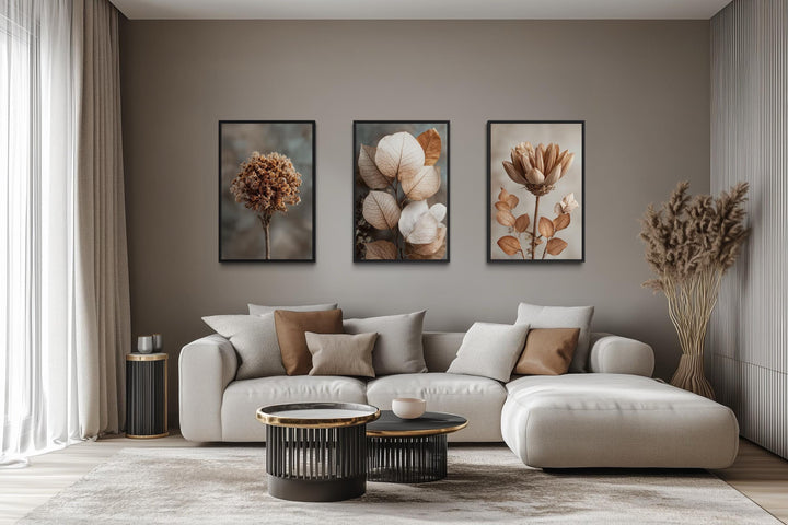 Botanical Wall Art Set of 3 – Neutral Beige and Brown Dried Flower and Plant Prints