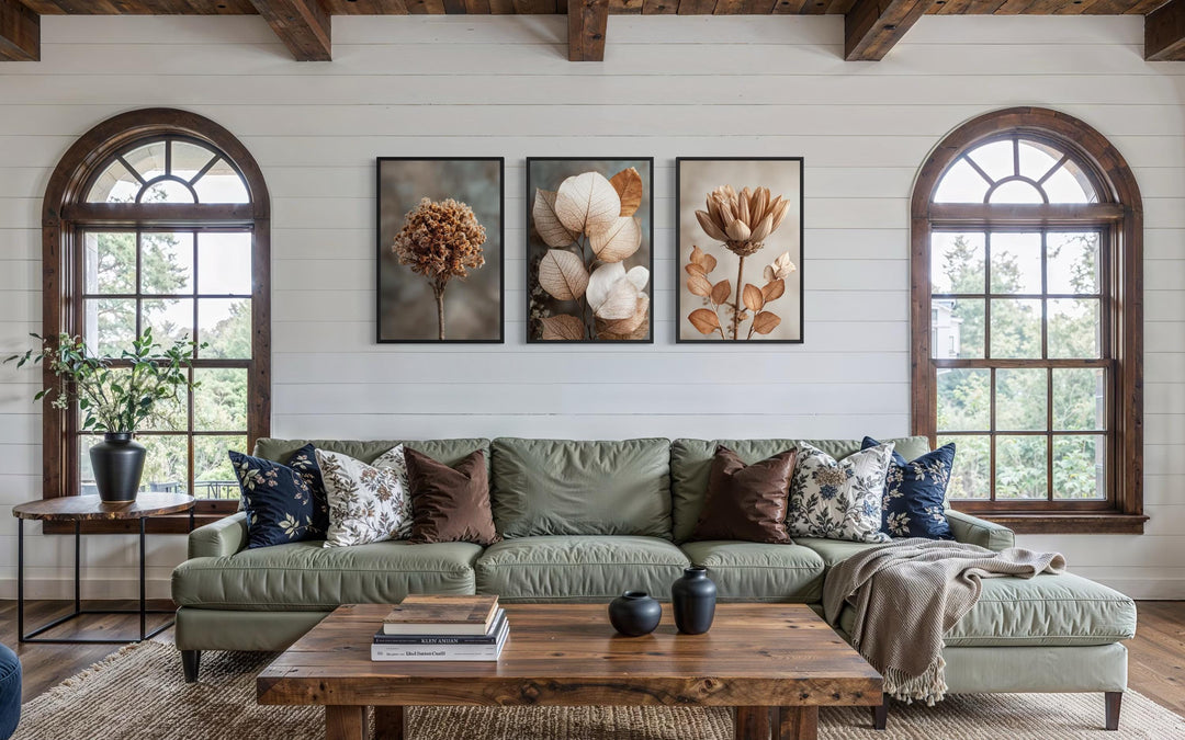 Botanical Wall Art Set of 3 – Neutral Beige and Brown Dried Flower and Plant Prints