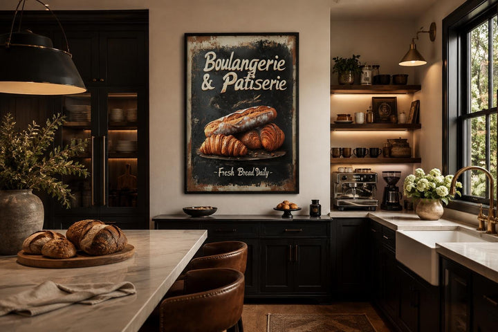 Vintage Boulangerie & Patisserie sign with bread and croissants in a dark, rustic kitchen.