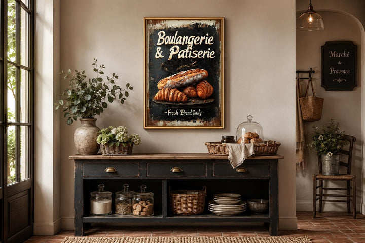 Vintage Boulangerie & Patisserie sign with bread and croissants in a rustic kitchen setting.