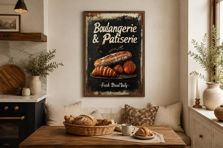 Vintage Boulangerie & Patisserie sign wall art with bread and croissants in a rustic kitchen.