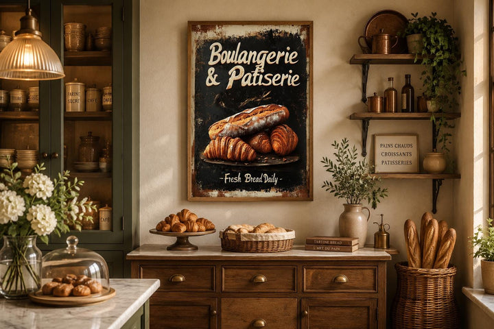 Vintage Boulangerie & Patisserie sign with bread and croissants in a rustic French kitchen.