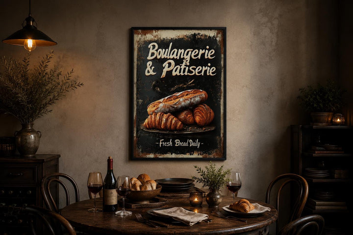 Vintage Boulangerie & Patisserie sign wall art with bread and croissants in a dark wood frame.