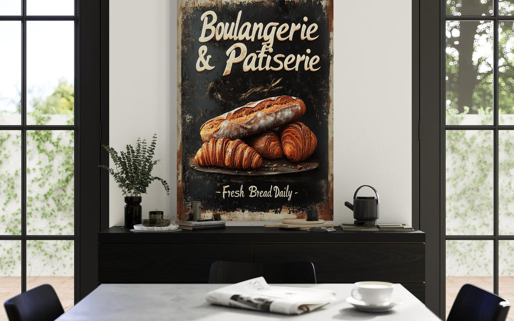Vintage Boulangerie & Patisserie sign wall art with rustic bread and croissants on a dark background