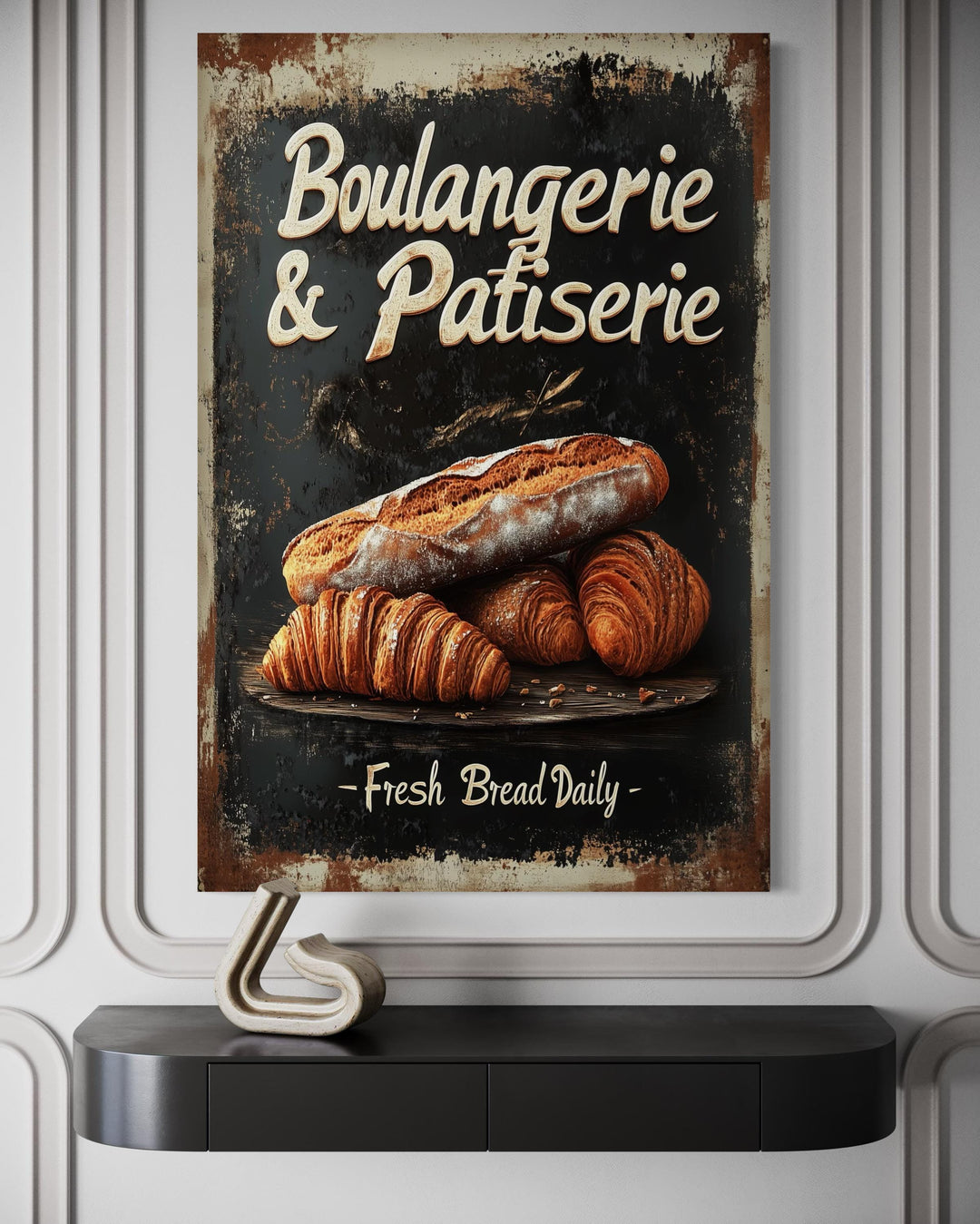 Vintage-style Boulangerie & Patisserie sign with bread and croissants on a dark, distressed background.