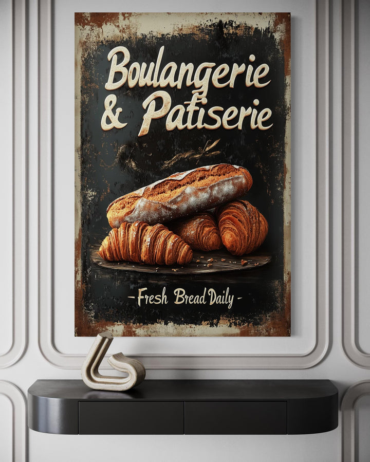 Vintage-style Boulangerie & Patisserie sign with bread and croissants on a dark, distressed background.
