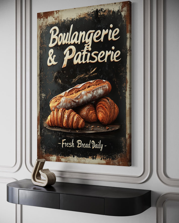 Boulangerie & Patisserie vintage-style dark kitchen wall art with bread and croissant illustration.