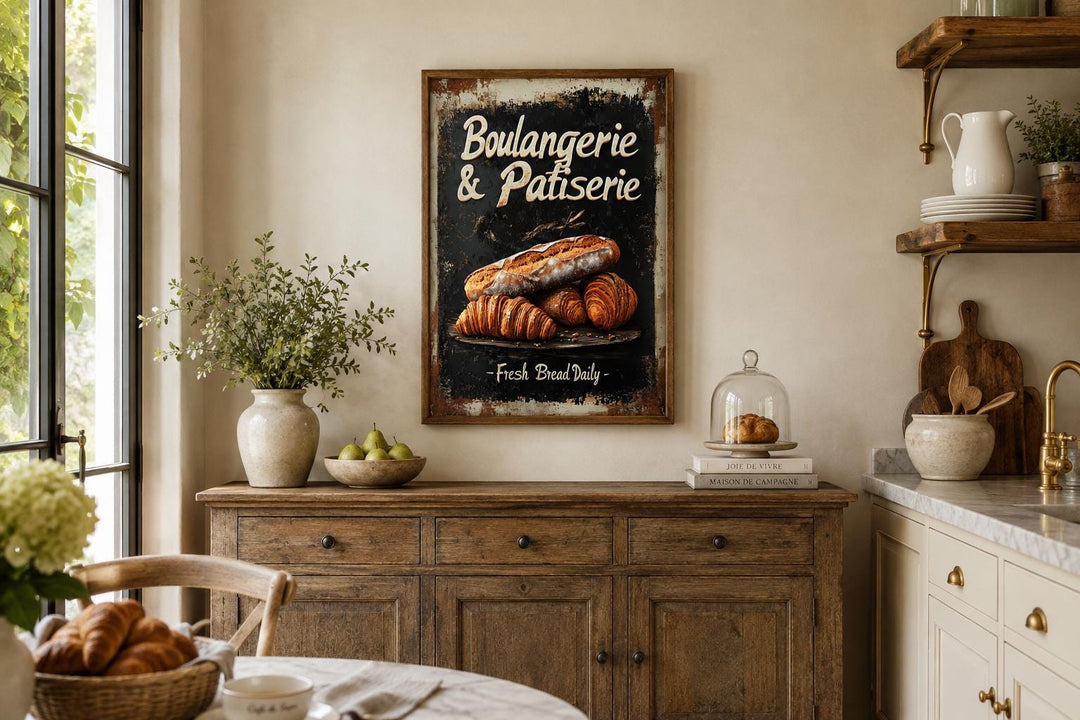 Vintage Boulangerie & Patisserie sign with bread and croissants in a rustic kitchen setting.