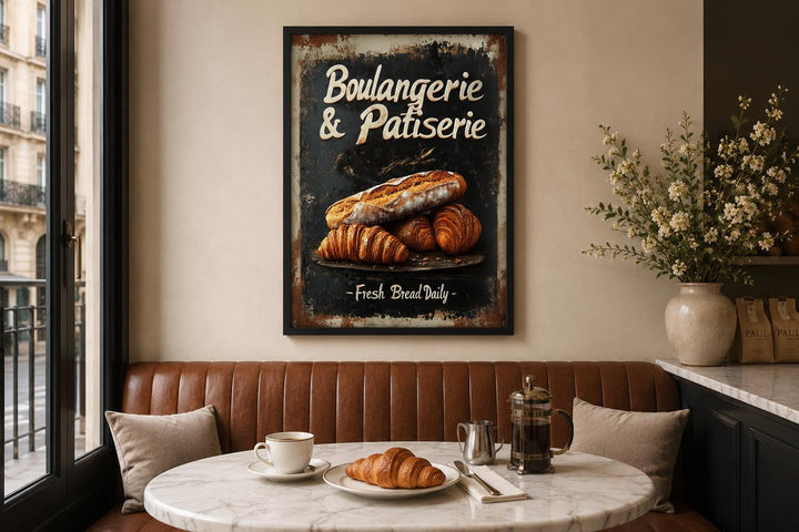 Boulangerie & Patisserie vintage-style dark kitchen wall art with bread and croissant illustration.