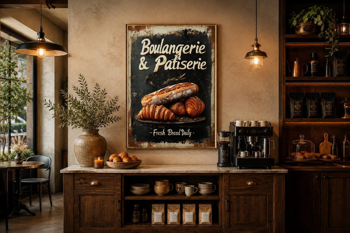 Vintage Boulangerie & Patisserie sign with bread and croissants in a rustic kitchen setting.