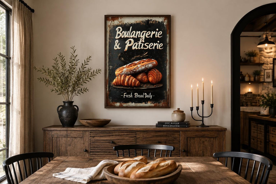 Vintage Boulangerie & Patisserie sign with bread and croissants in a rustic wood frame.