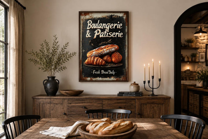 Vintage Boulangerie & Patisserie sign with bread and croissants in a rustic wood frame.