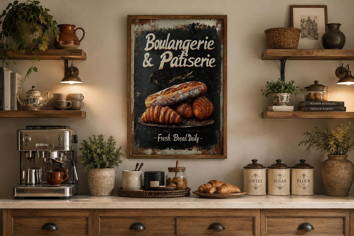 Vintage-style Boulangerie & Patisserie sign with bread and croissants in a rustic kitchen setting.