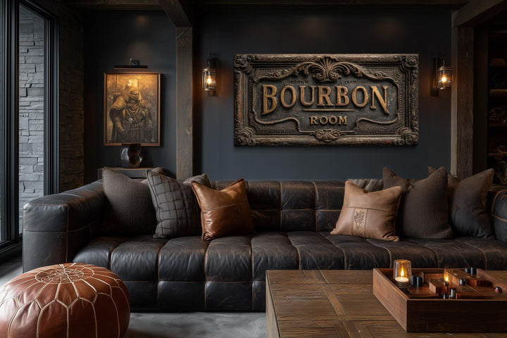Rustic Bourbon Room wall art canvas print above a dark leather sofa in a moody man cave setting.