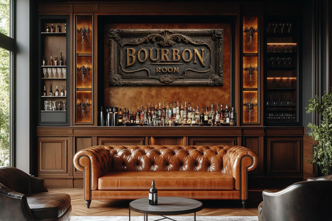 Rustic Bourbon Room canvas wall art displayed above a bar in a man cave with leather seating.