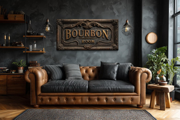 Rustic Bourbon Room wall art canvas print above a leather sofa in a dark, moody man cave setting.