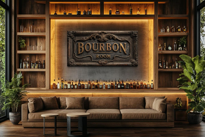 Rustic Bourbon Room canvas wall art displayed in a home bar with dark wood shelves and a sofa.