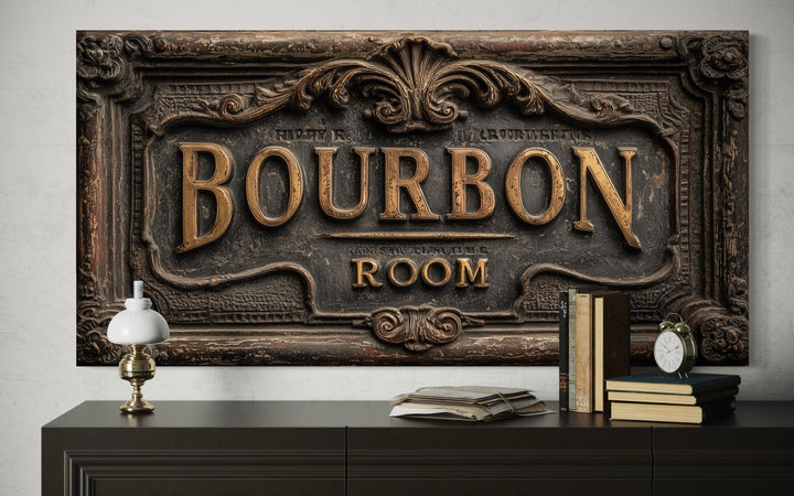 Rustic Bourbon Room wall art canvas print with ornate gold lettering on a dark, carved-style sign.
