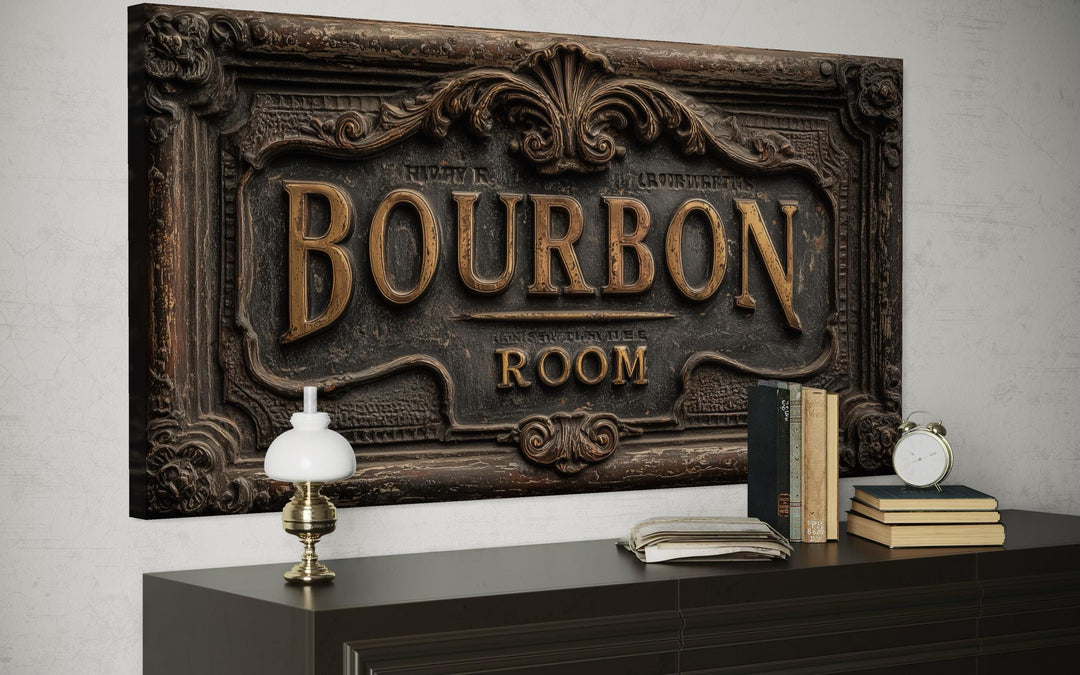 Rustic Bourbon Room canvas wall art with ornate, 3D-style lettering on a dark, textured background.
