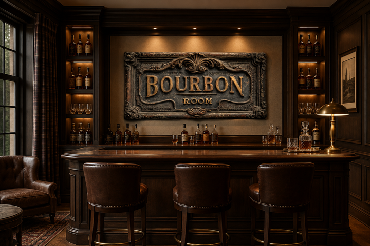 Rustic Bourbon Room canvas wall art displayed above a dark wood bar with leather stools.
