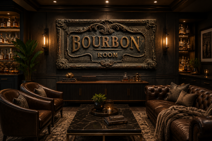Ornate Bourbon Room wall art sign in a dark, rustic home bar with leather seating and whiskey decor.