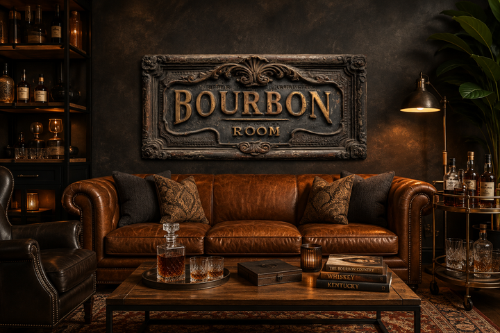Ornate Bourbon Room wall art canvas print above a leather sofa in a rustic home bar setting.