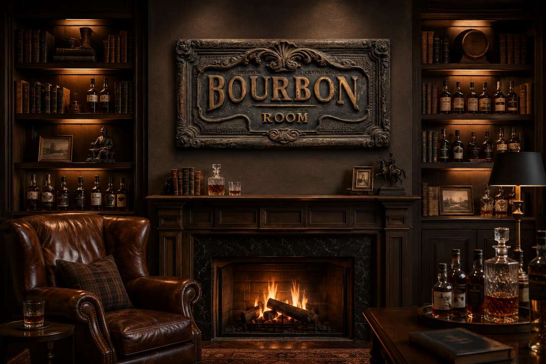 Rustic Bourbon Room canvas wall art above a fireplace in a dark, wood-paneled home bar.