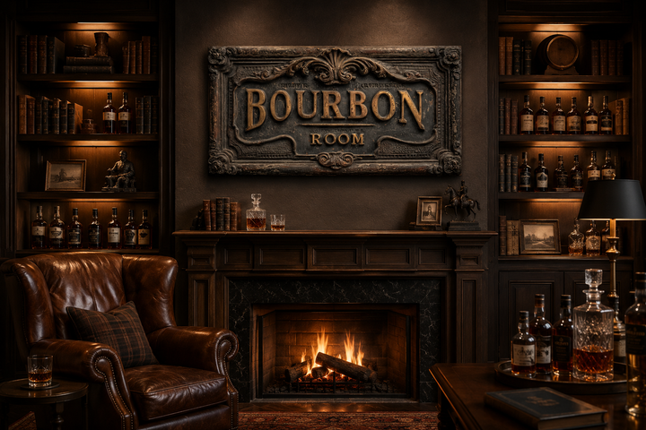 Rustic Bourbon Room canvas wall art above a fireplace in a dark, wood-paneled home bar.