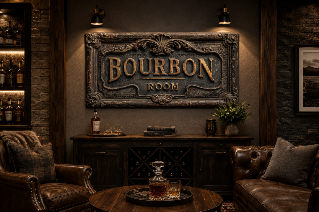 Rustic Bourbon Room wall art canvas print in a dark wood-paneled home bar with leather armchairs.