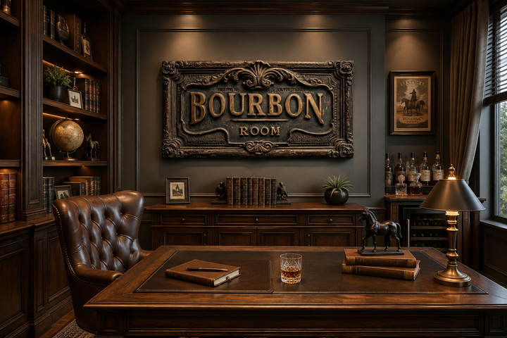 Ornate Bourbon Room wall art sign in a dark wood-paneled office with a leather chair and desk.