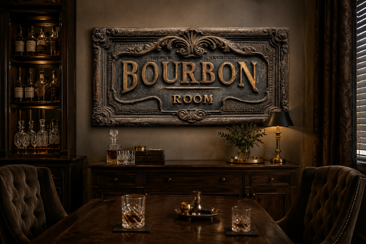 Rustic Bourbon Room canvas wall art with ornate 3D-style lettering in a dark, vintage bar setting.