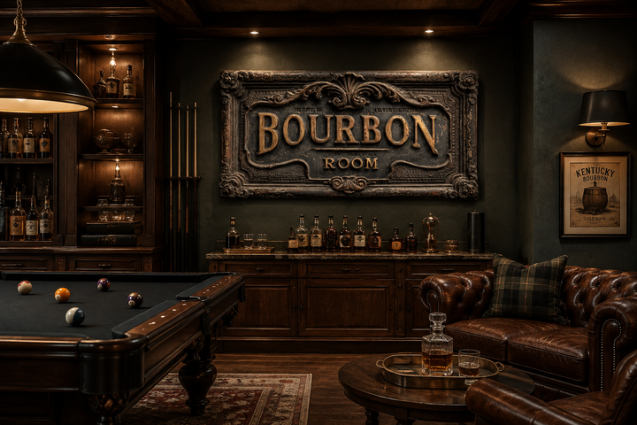 Ornate Bourbon Room wall art sign in a rustic man cave with a pool table and leather sofa.