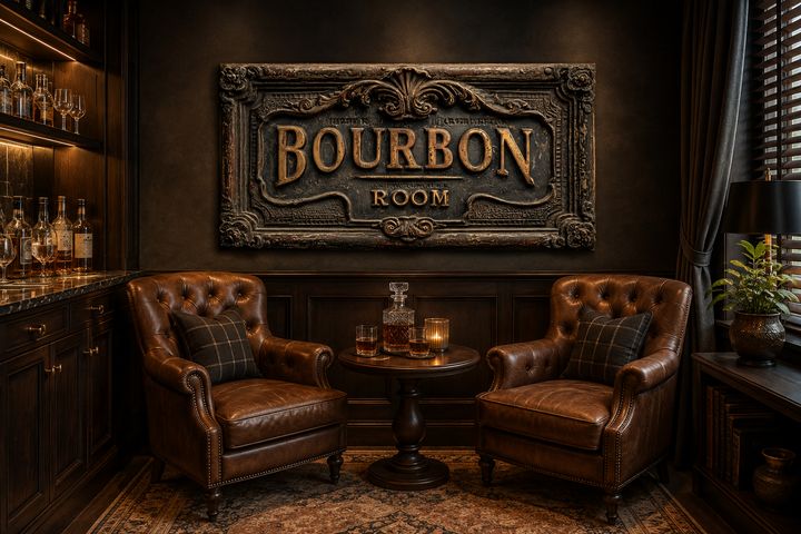 Bourbon Room wall art canvas print with ornate lettering in a rustic home bar setting.