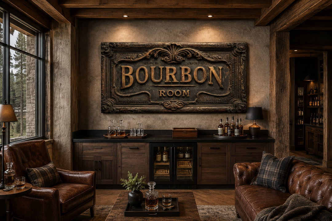 Rustic Bourbon Room wall art canvas print hanging in a dark wood home bar with leather furniture.