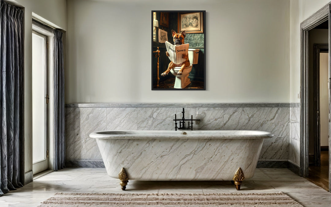 a bathroom with a tub and a painting on the wall