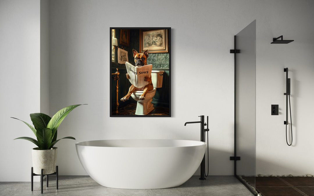 a bath room with a bath tub and a painting on the wall