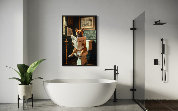 a bath room with a bath tub and a painting on the wall