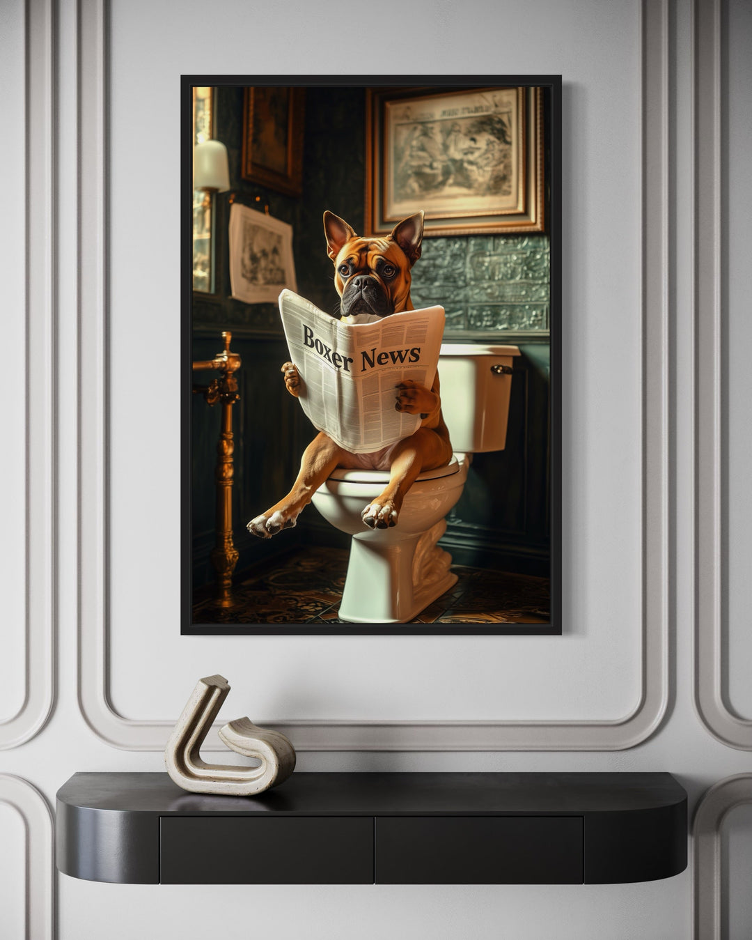 a dog sitting on a toilet reading a newspaper