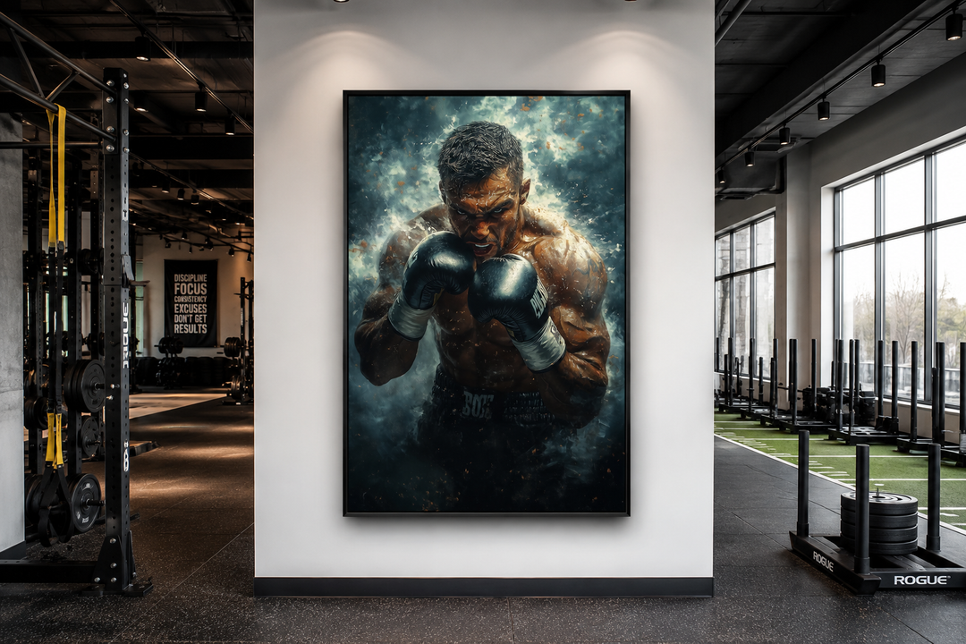 Dramatic boxer wall art print in a modern gym setting, featuring a focused fighter in smoke.