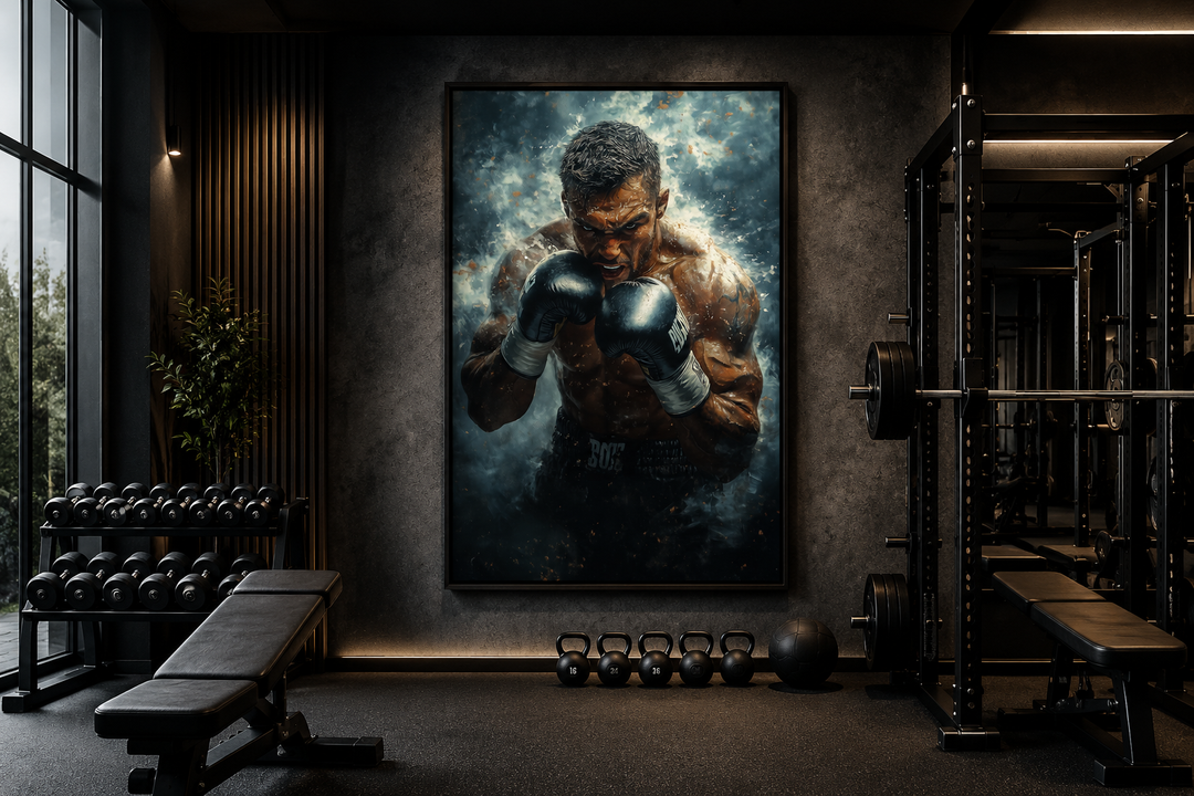 Dramatic boxer wall art print in a dark home gym with weights, a bench, and a squat rack.