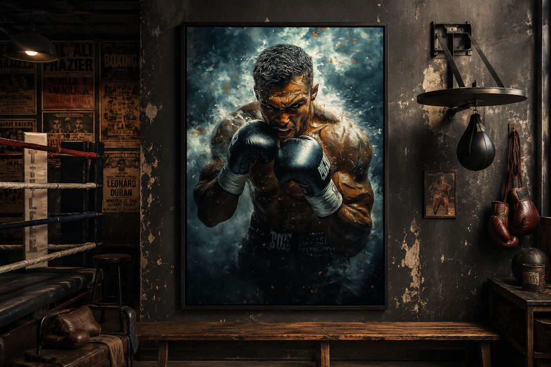 Framed boxer wall art print in a gritty gym setting with a speed bag and boxing gloves.