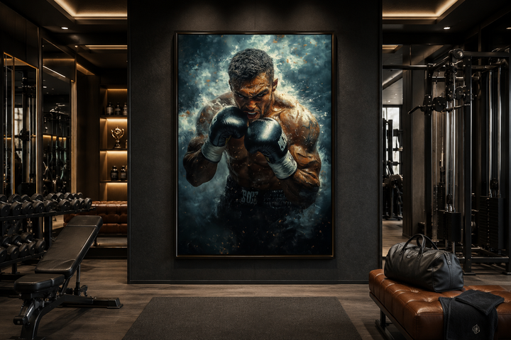 Dramatic vertical wall art of a focused boxer in a dark gym setting with intense lighting.