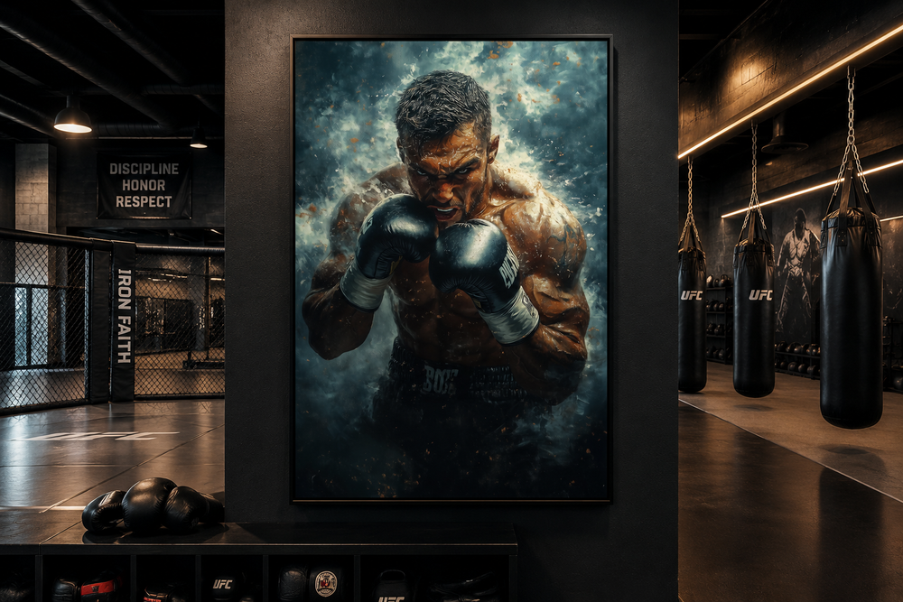 Boxer wall art print featuring a muscular fighter in a dark gym setting with motivational decor.