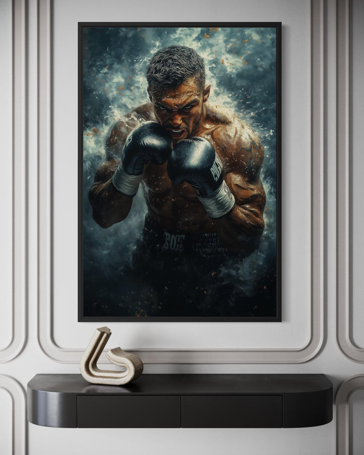 Intense boxer wall art print in a black frame above a dark console table in a modern room.