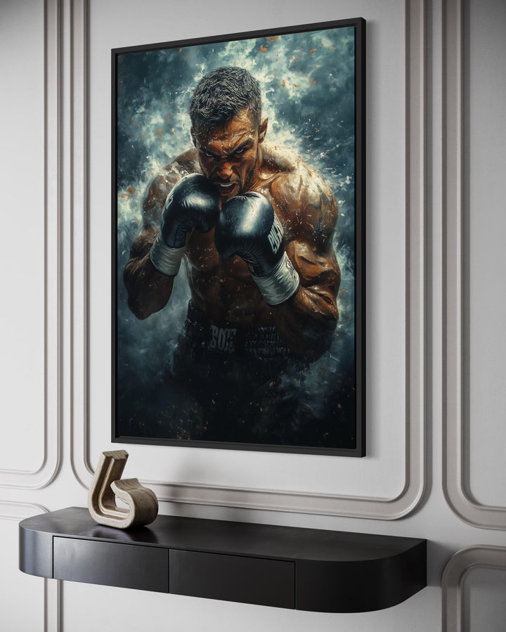 Dramatic vertical wall art of a muscular boxer in a fighting stance with black gloves and smoke.