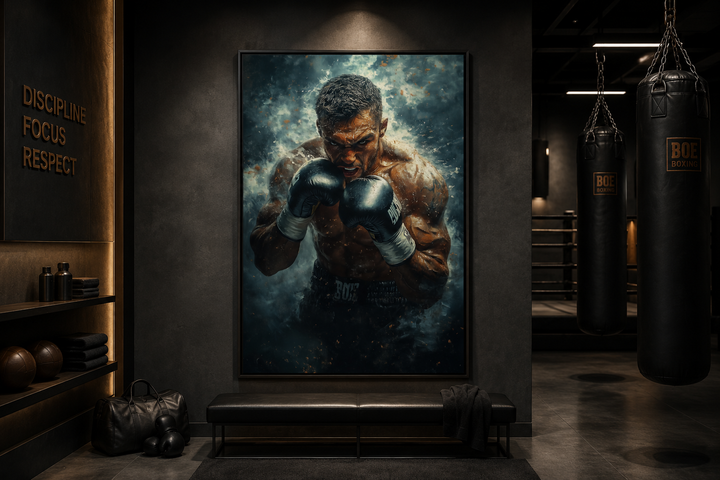 Dramatic vertical wall art of a focused boxer in a dark, industrial gym setting.