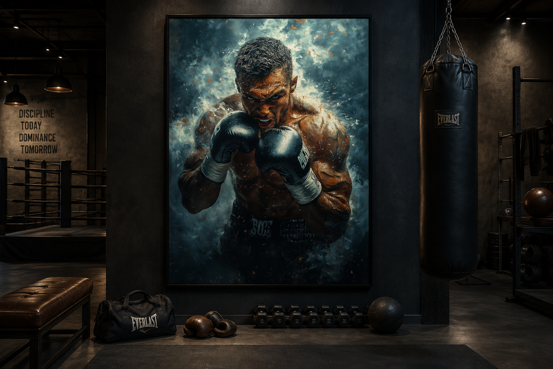 Intense boxer wall art print in a dark gym setting with a punching bag and motivational quote.