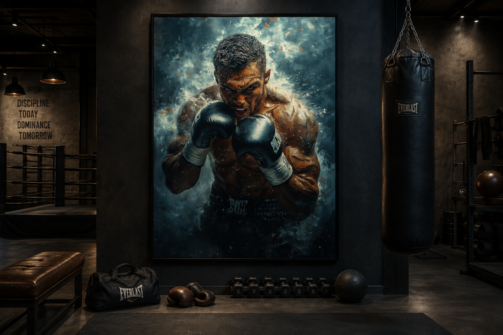 Intense boxer wall art print in a dark gym setting with a punching bag and motivational quote.